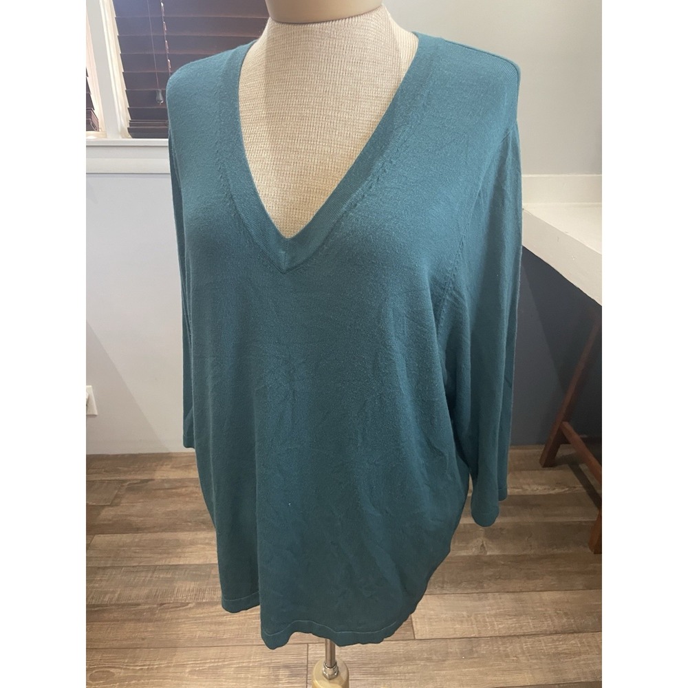 Dressbarn Teal Green V-Neck Fine Knit 3/4 Sleeve Sweater Women's Size XL Minimal